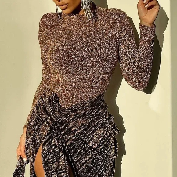 JLUXLABEL Glittering High Low Dress in Gold and Black - Picture 3 of 6